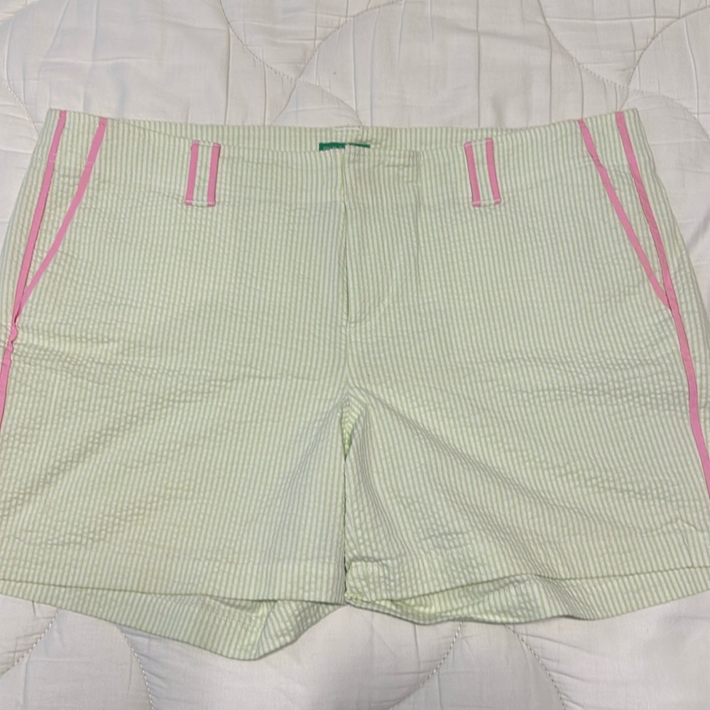 VGUC Lilly Pulitzer Green and Pink Seersucker Shorts White Label Size 14 Vintage